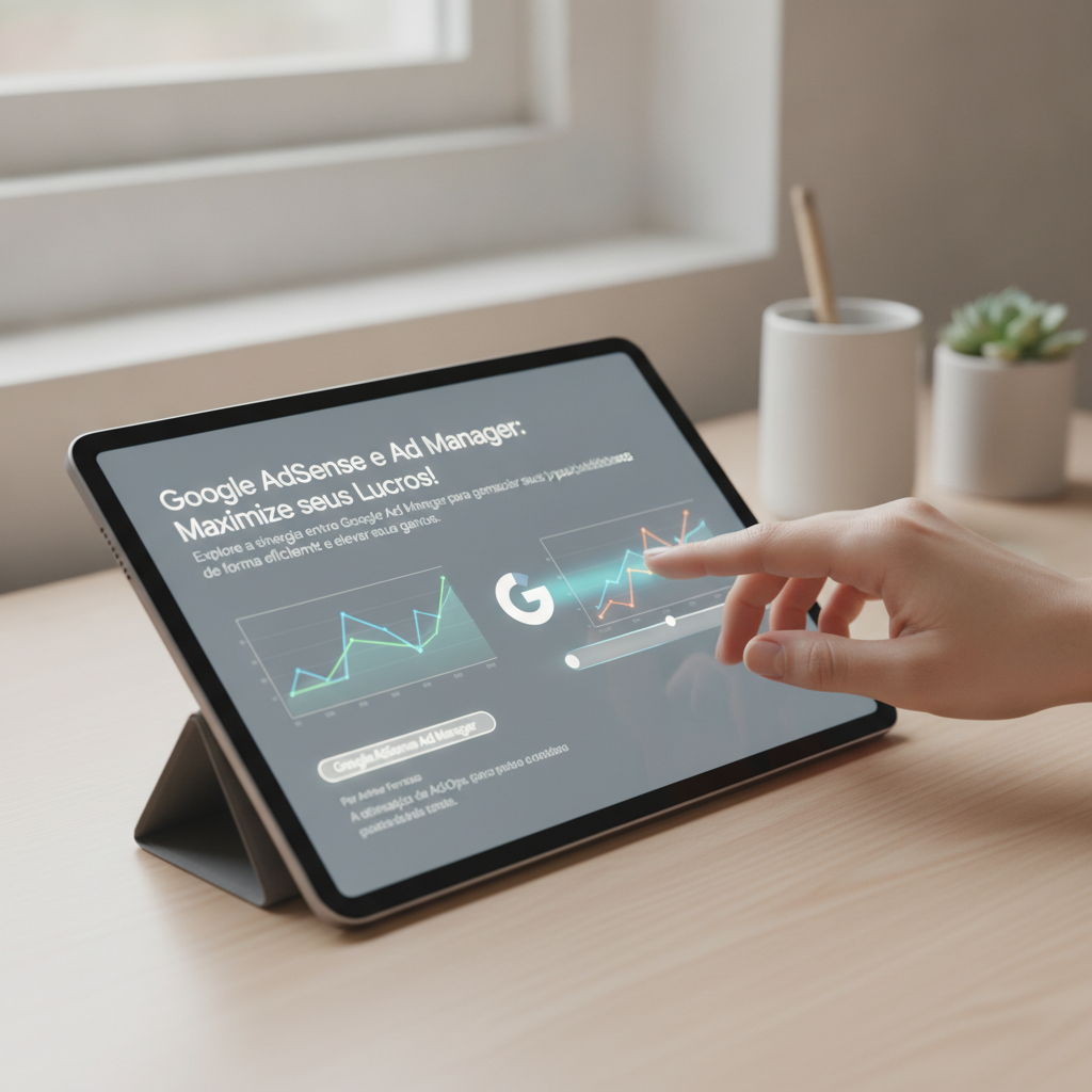 Mão interagindo com tablet exibindo gráficos de otimização de receita de anúncios, representando o uso de Google AdSense e Ad Manager.